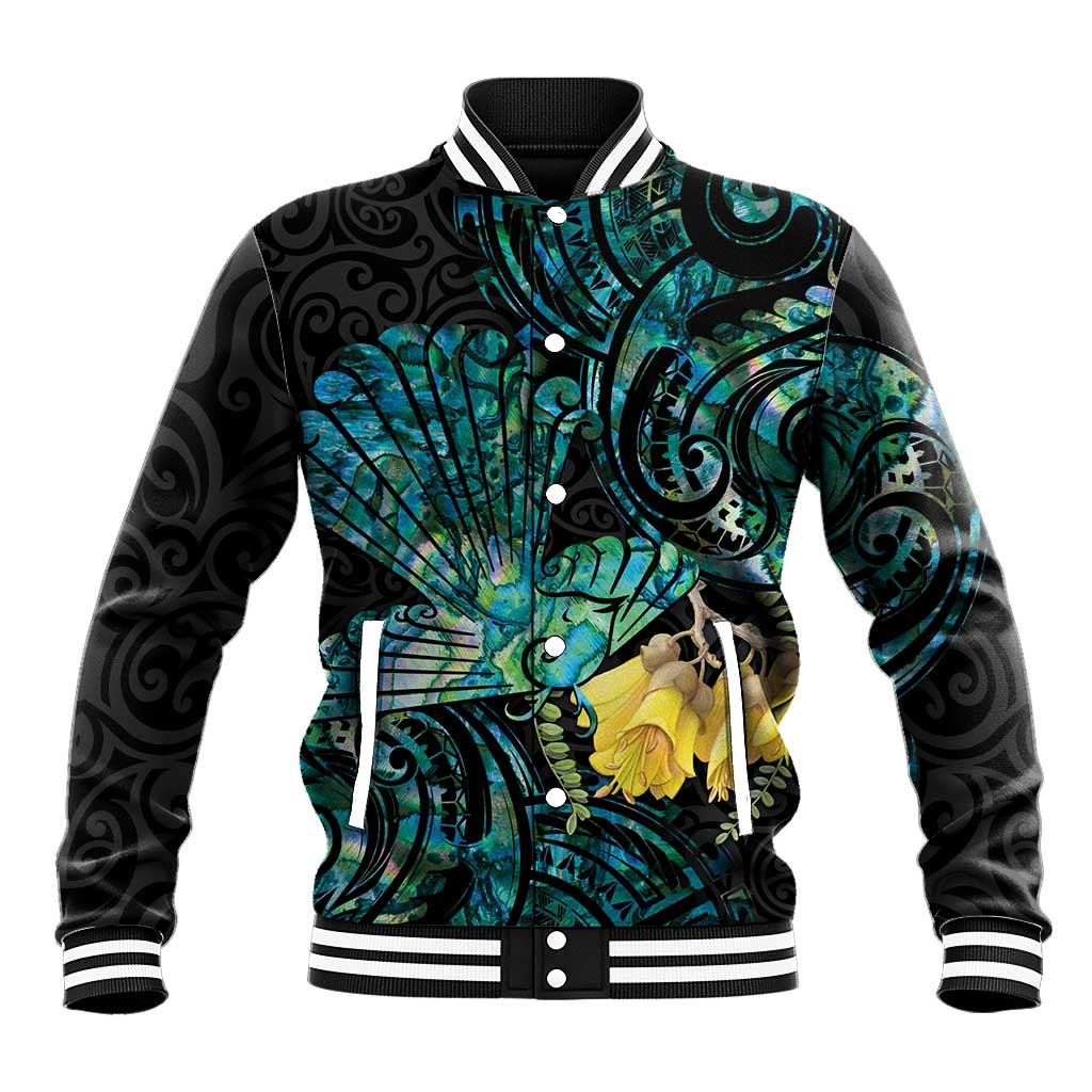 New Zealand Fantail Bird Baseball Jacket Maori Piwakawaka Kowhai - Paua Shell Pattern