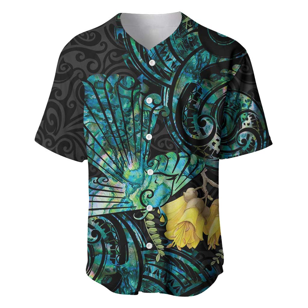 New Zealand Fantail Bird Baseball Jersey Maori Piwakawaka Kowhai - Paua Shell Pattern