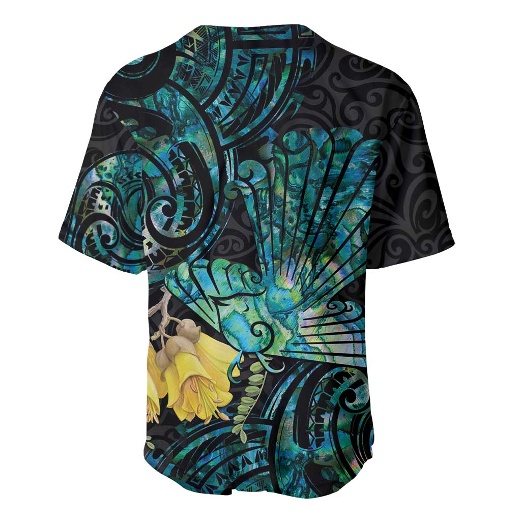 New Zealand Fantail Bird Baseball Jersey Maori Piwakawaka Kowhai - Paua Shell Pattern