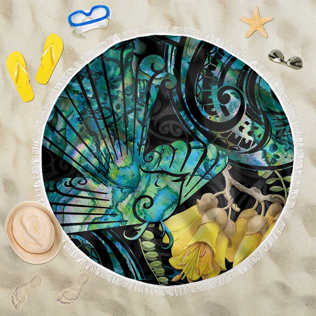 New Zealand Fantail Bird Beach Blanket Maori Piwakawaka Kowhai - Paua Shell Pattern LT14 One Size 150cm Green - Polynesian Pride