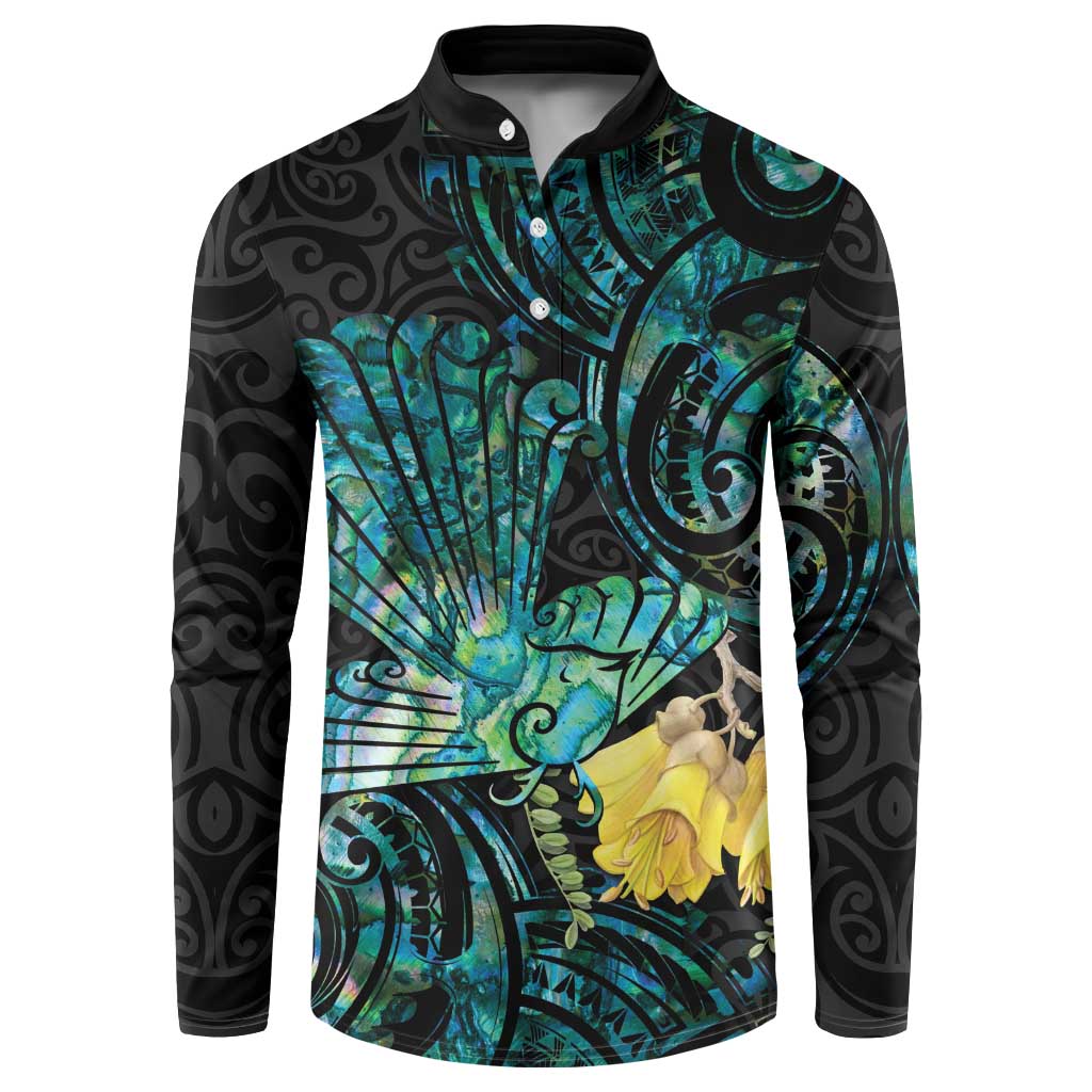 New Zealand Fantail Bird Button Sweatshirt Maori Piwakawaka Kowhai - Paua Shell Pattern LT14 Green - Polynesian Pride
