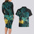 New Zealand Fantail Bird Couples Matching Long Sleeve Bodycon Dress and Hawaiian Shirt Maori Piwakawaka Kowhai - Paua Shell Pattern