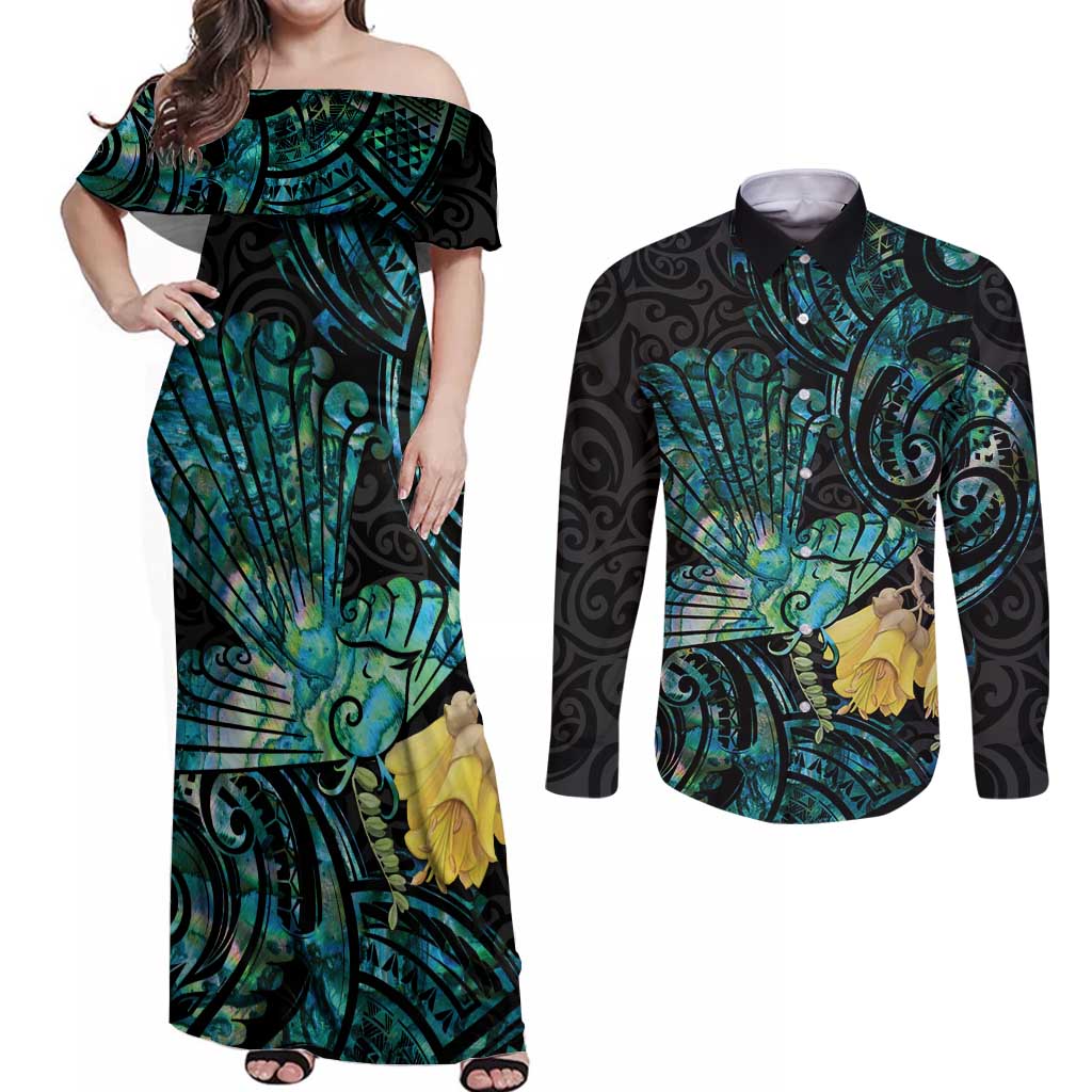 New Zealand Fantail Bird Couples Matching Off Shoulder Maxi Dress and Long Sleeve Button Shirt Maori Piwakawaka Kowhai - Paua Shell Pattern