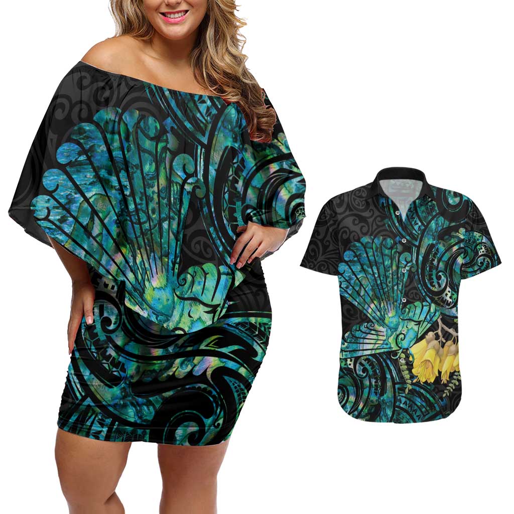 New Zealand Fantail Bird Couples Matching Off Shoulder Short Dress and Hawaiian Shirt Maori Piwakawaka Kowhai - Paua Shell Pattern