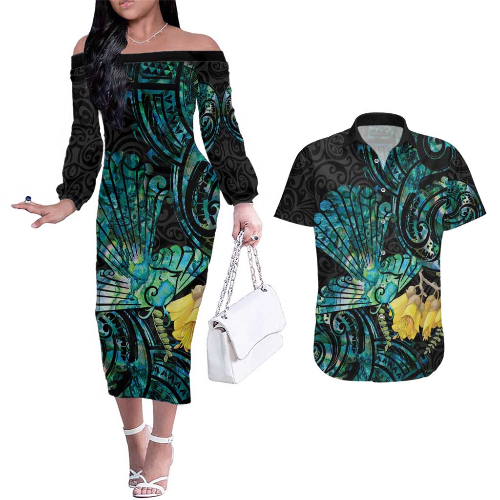 New Zealand Fantail Bird Couples Matching Off The Shoulder Long Sleeve Dress and Hawaiian Shirt Maori Piwakawaka Kowhai - Paua Shell Pattern