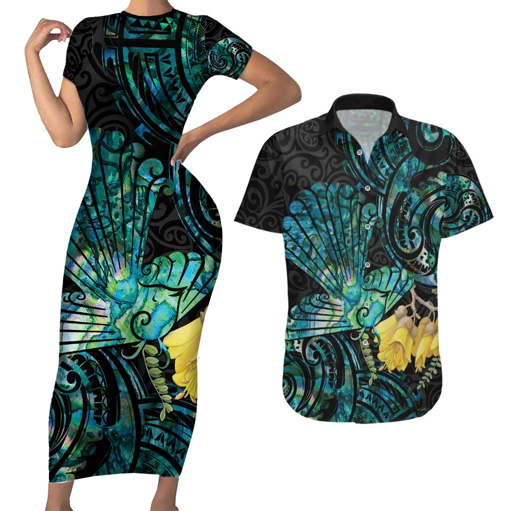New Zealand Fantail Bird Couples Matching Short Sleeve Bodycon Dress and Hawaiian Shirt Maori Piwakawaka Kowhai - Paua Shell Pattern LT14 Green - Polynesian Pride