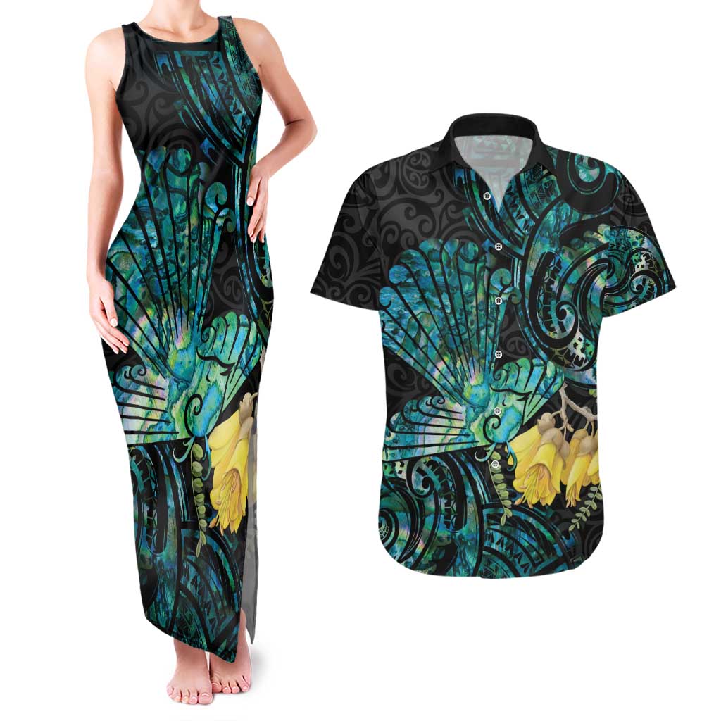 New Zealand Fantail Bird Couples Matching Tank Maxi Dress and Hawaiian Shirt Maori Piwakawaka Kowhai - Paua Shell Pattern