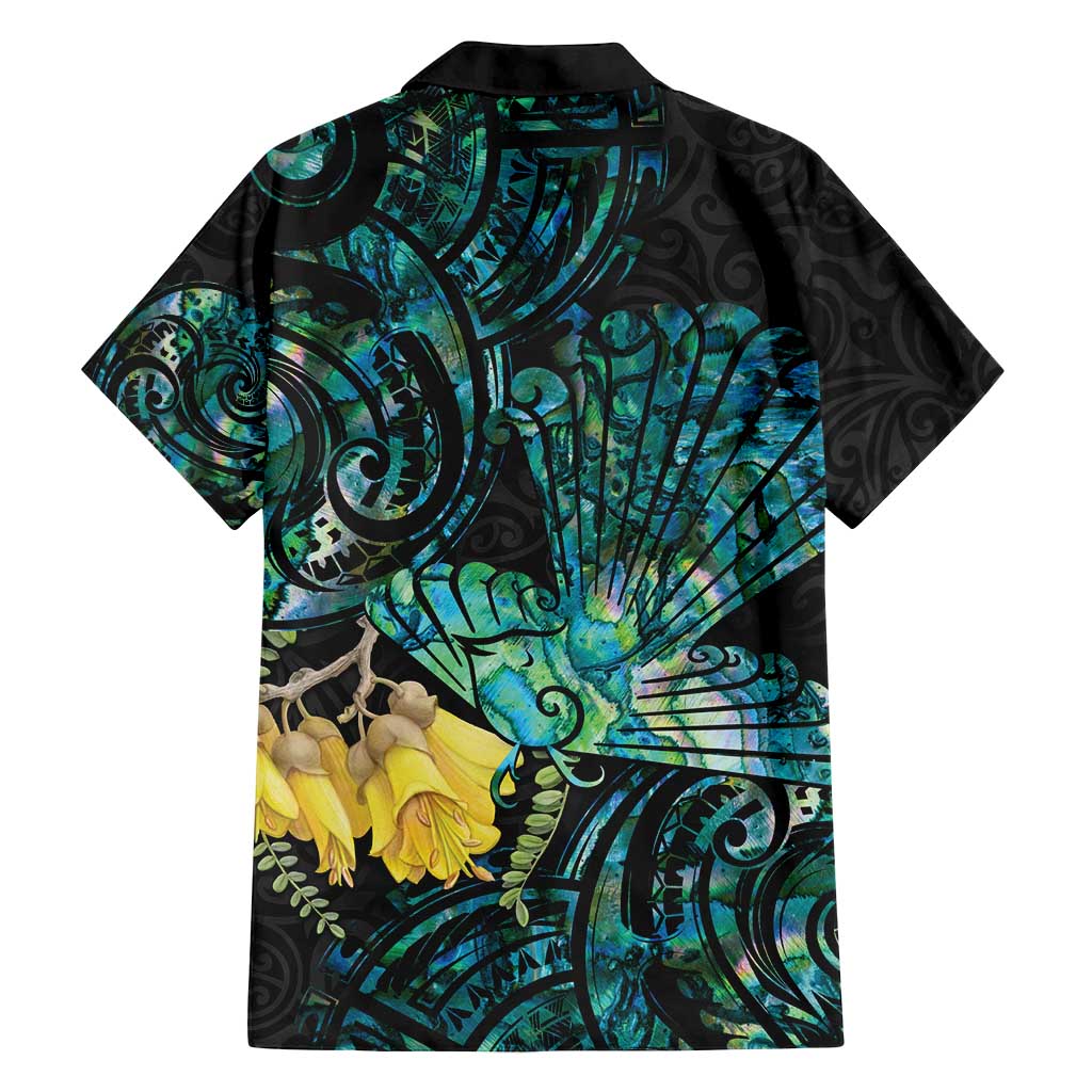 New Zealand Fantail Bird Family Matching Long Sleeve Bodycon Dress and Hawaiian Shirt Maori Piwakawaka Kowhai - Paua Shell Pattern