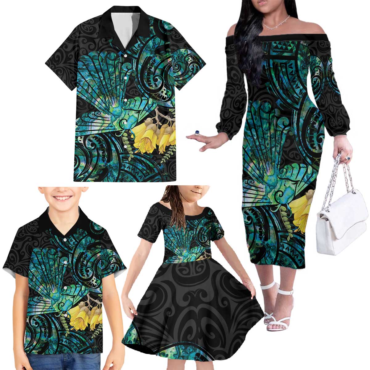 New Zealand Fantail Bird Family Matching Off The Shoulder Long Sleeve Dress and Hawaiian Shirt Maori Piwakawaka Kowhai - Paua Shell Pattern