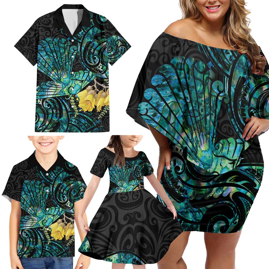 New Zealand Fantail Bird Family Matching Off Shoulder Short Dress and Hawaiian Shirt Maori Piwakawaka Kowhai - Paua Shell Pattern