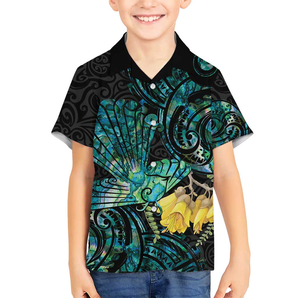 New Zealand Fantail Bird Family Matching Off Shoulder Short Dress and Hawaiian Shirt Maori Piwakawaka Kowhai - Paua Shell Pattern