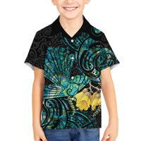 New Zealand Fantail Bird Family Matching Off Shoulder Short Dress and Hawaiian Shirt Maori Piwakawaka Kowhai - Paua Shell Pattern