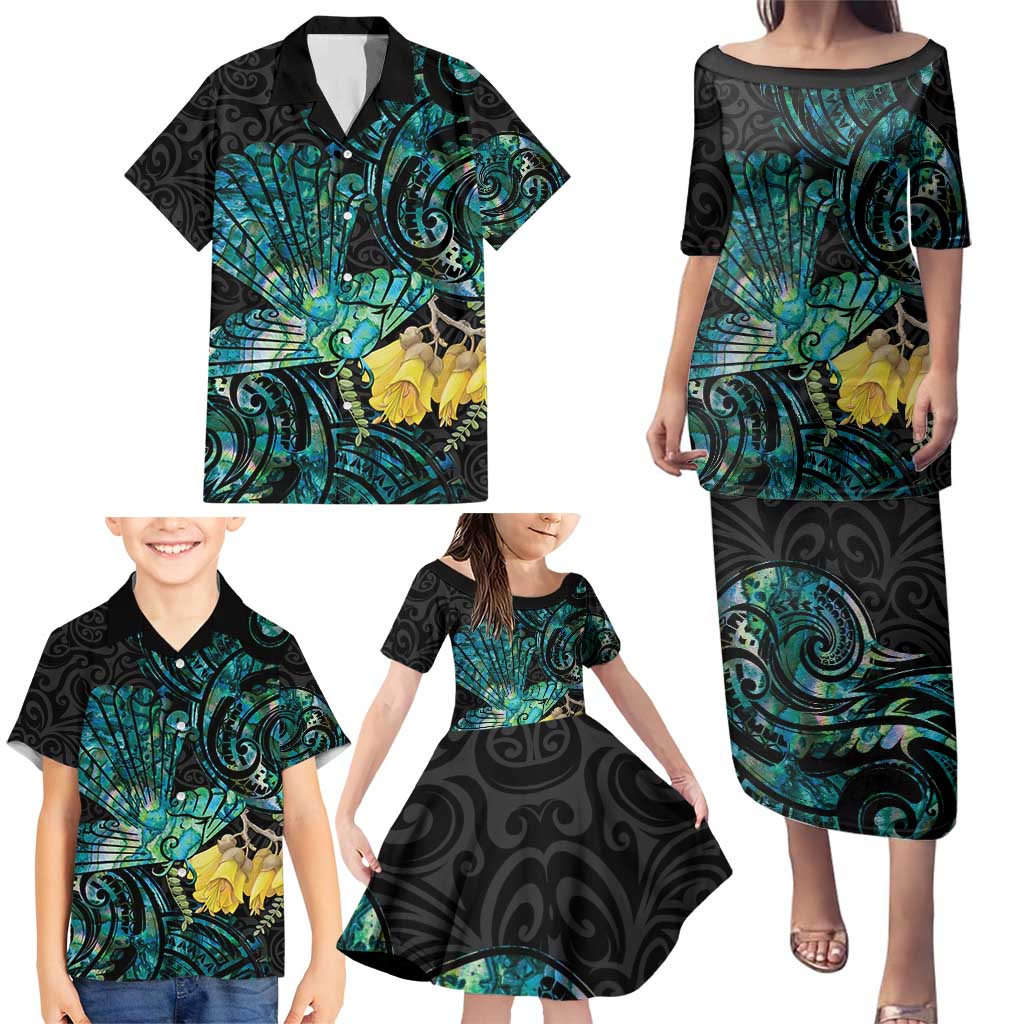 New Zealand Fantail Bird Family Matching Puletasi and Hawaiian Shirt Maori Piwakawaka Kowhai - Paua Shell Pattern