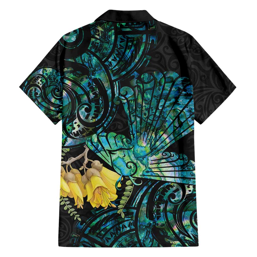 New Zealand Fantail Bird Family Matching Short Sleeve Bodycon Dress and Hawaiian Shirt Maori Piwakawaka Kowhai - Paua Shell Pattern