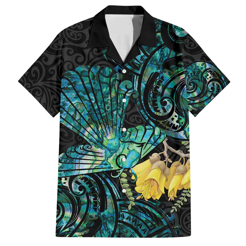 New Zealand Fantail Bird Family Matching Tank Maxi Dress and Hawaiian Shirt Maori Piwakawaka Kowhai - Paua Shell Pattern