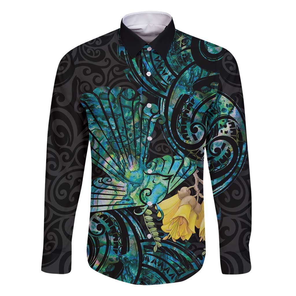 New Zealand Fantail Bird Family Matching Tank Maxi Dress and Hawaiian Shirt Maori Piwakawaka Kowhai - Paua Shell Pattern
