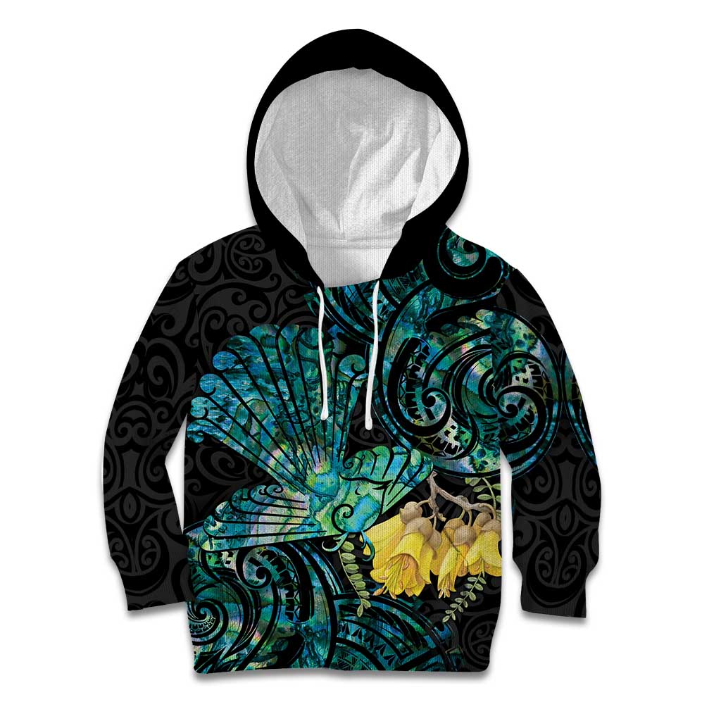 New Zealand Fantail Bird Kid Hoodie Maori Piwakawaka Kowhai - Paua Shell Pattern