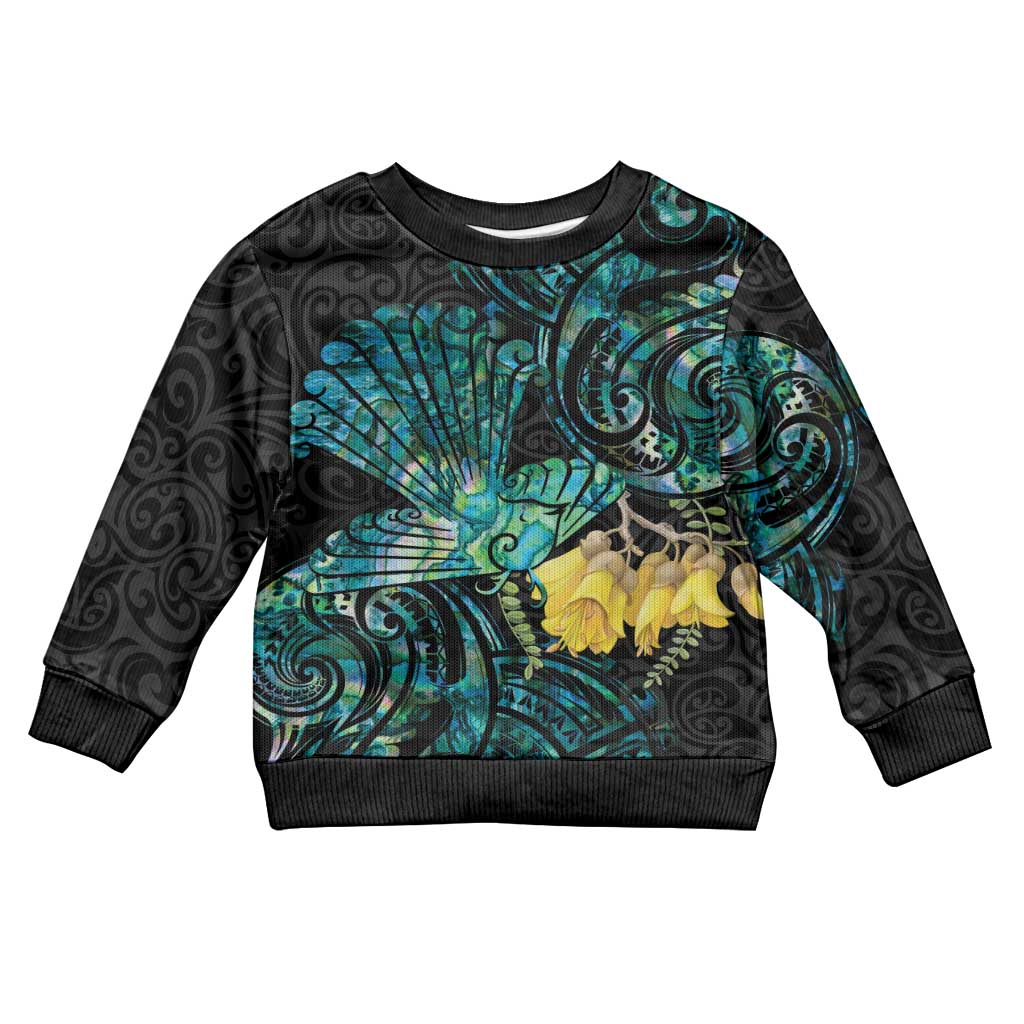 New Zealand Fantail Bird Kid Ugly Christmas Sweater Maori Piwakawaka Kowhai - Paua Shell Pattern