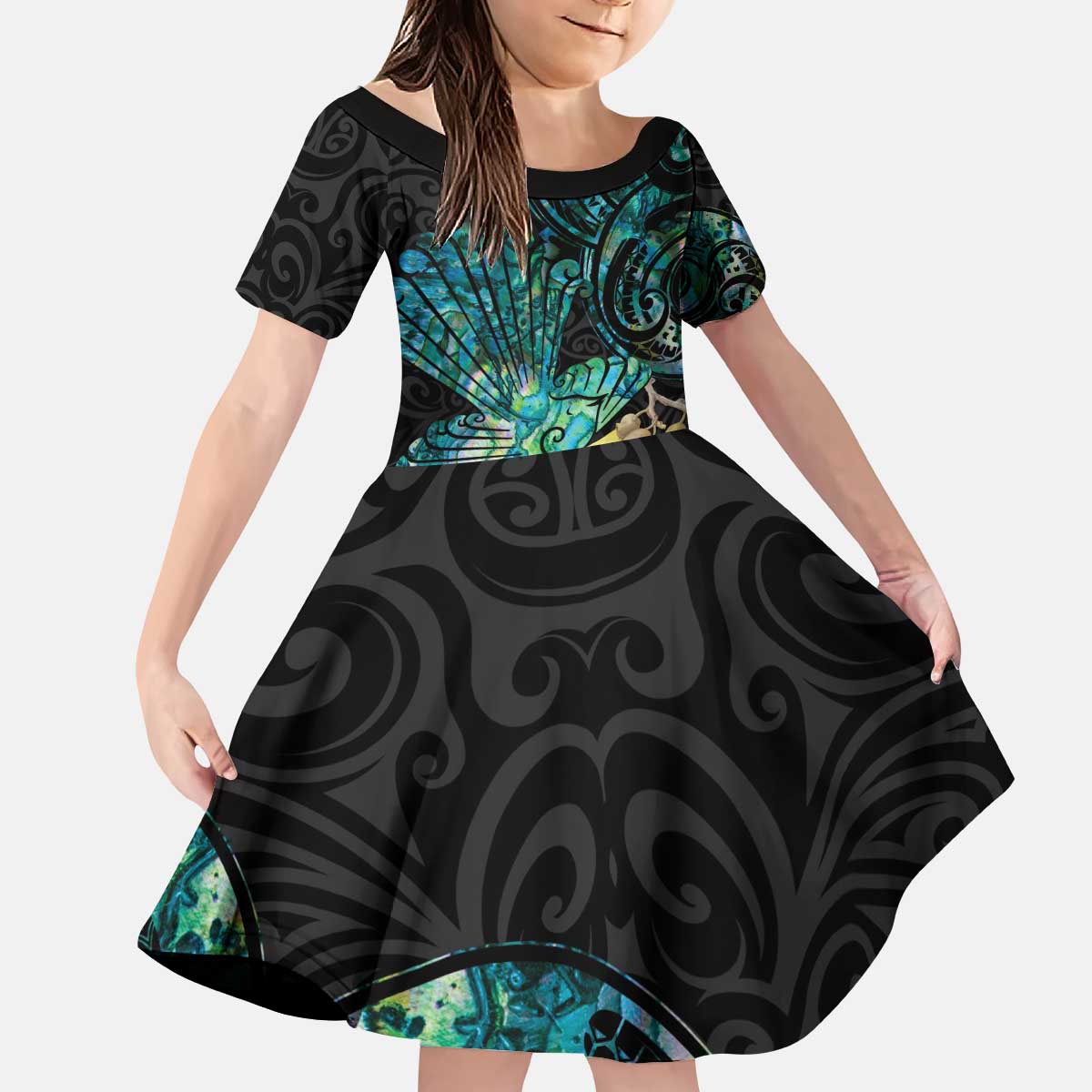 New Zealand Fantail Bird Kid Short Sleeve Dress Maori Piwakawaka Kowhai - Paua Shell Pattern