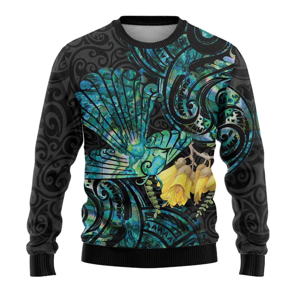 New Zealand Fantail Bird Ugly Christmas Sweater Maori Piwakawaka Kowhai - Paua Shell Pattern