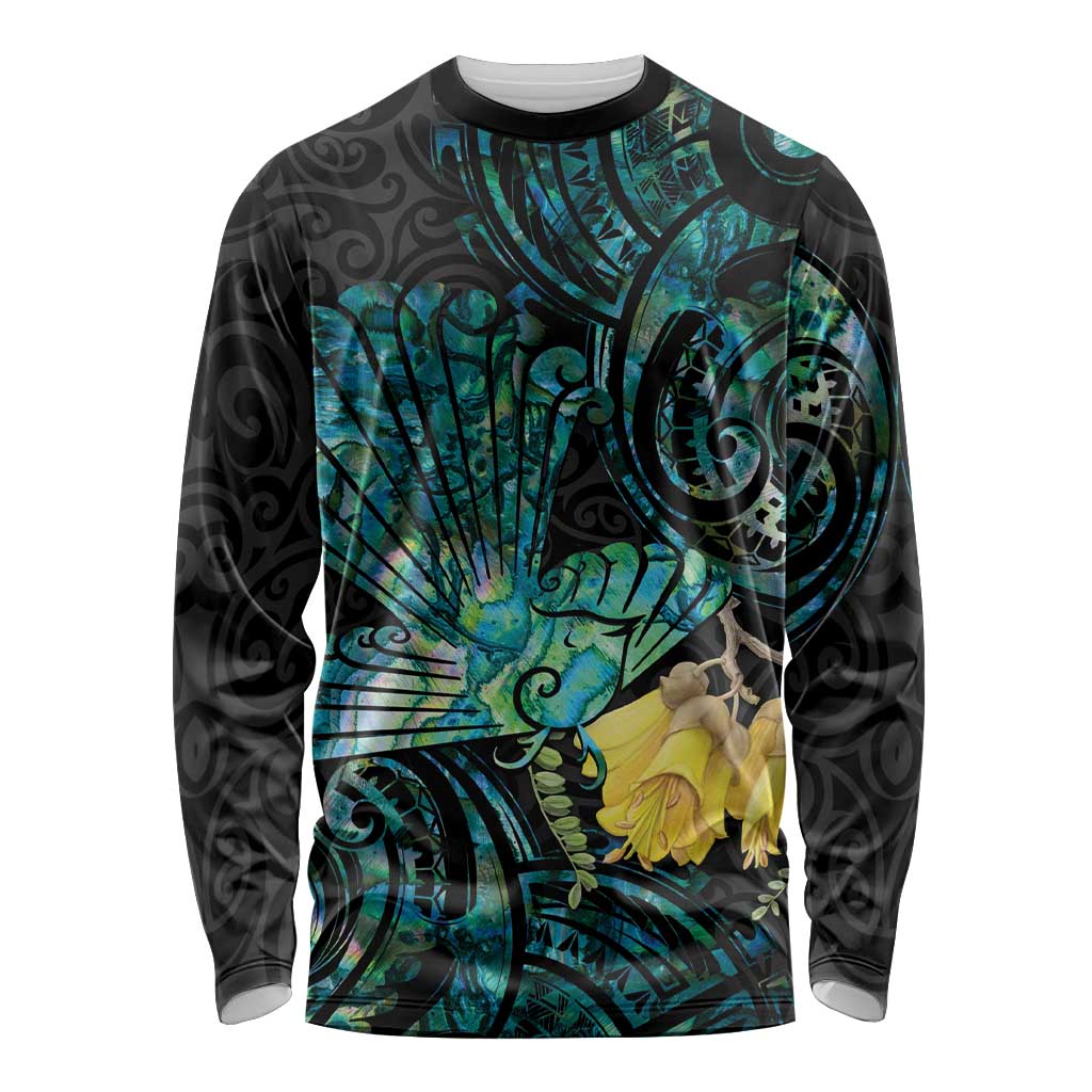 New Zealand Fantail Bird Long Sleeve Shirt Maori Piwakawaka Kowhai - Paua Shell Pattern