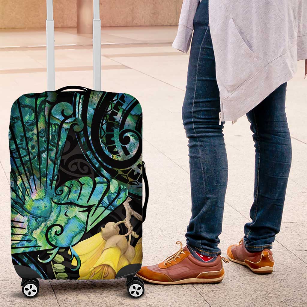 New Zealand Fantail Bird Luggage Cover Maori Piwakawaka Kowhai - Paua Shell Pattern