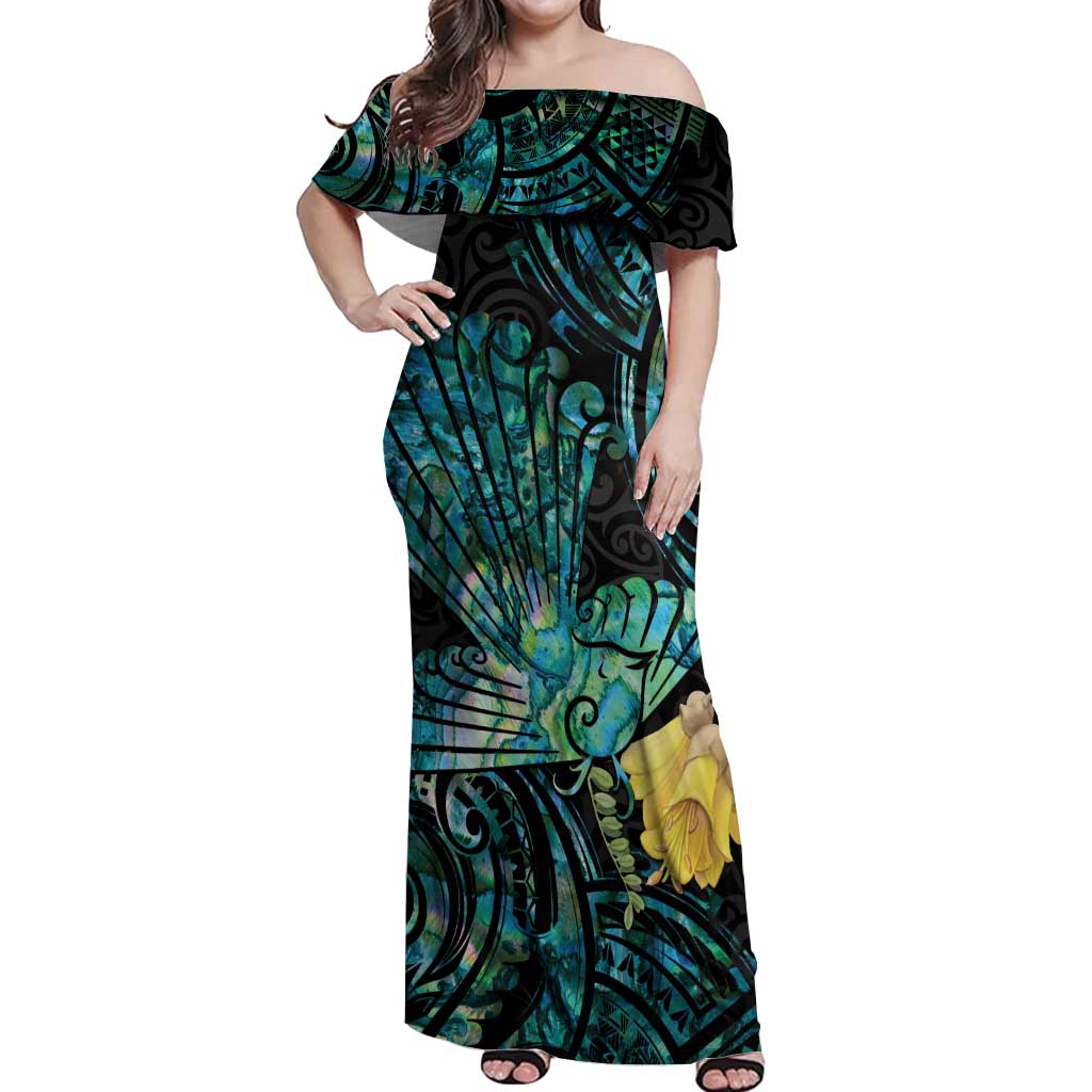 New Zealand Fantail Bird Off Shoulder Maxi Dress Maori Piwakawaka Kowhai - Paua Shell Pattern