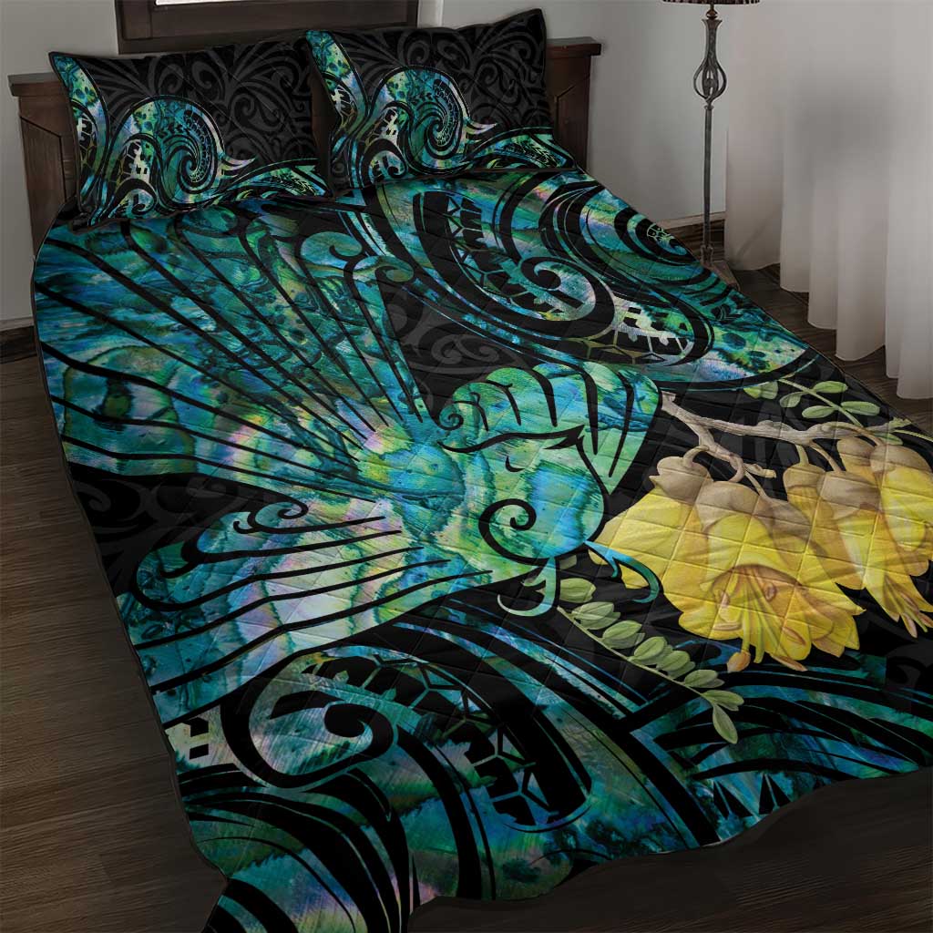 New Zealand Fantail Bird Quilt Bed Set Maori Piwakawaka Kowhai - Paua Shell Pattern