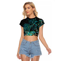 New Zealand Fantail Bird Raglan Cropped T Shirt Maori Piwakawaka Kowhai - Paua Shell Pattern LT14 Female Green - Polynesian Pride
