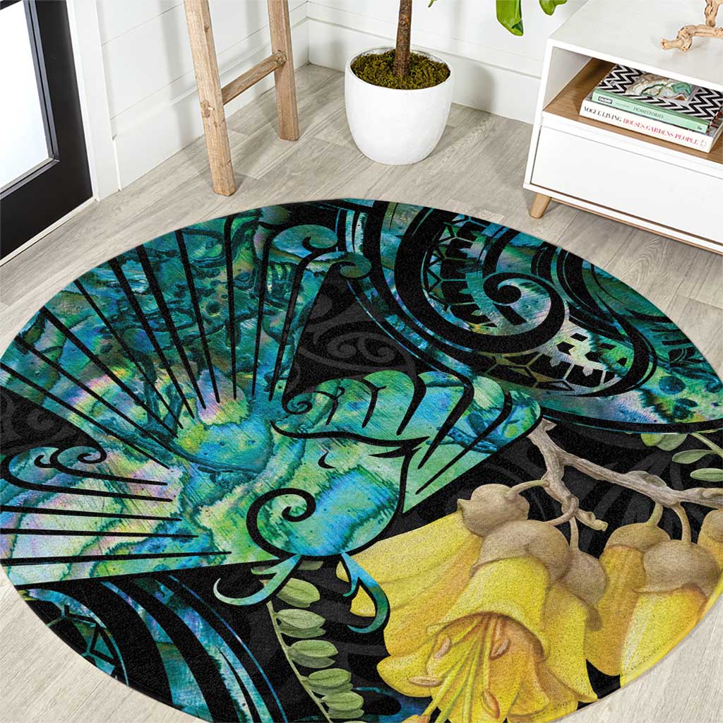 New Zealand Fantail Bird Round Carpet Maori Piwakawaka Kowhai - Paua Shell Pattern