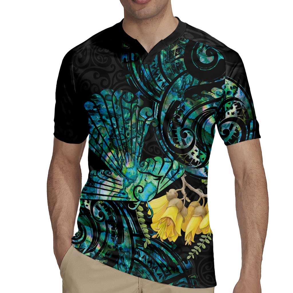 New Zealand Fantail Bird Rugby Jersey Maori Piwakawaka Kowhai - Paua Shell Pattern