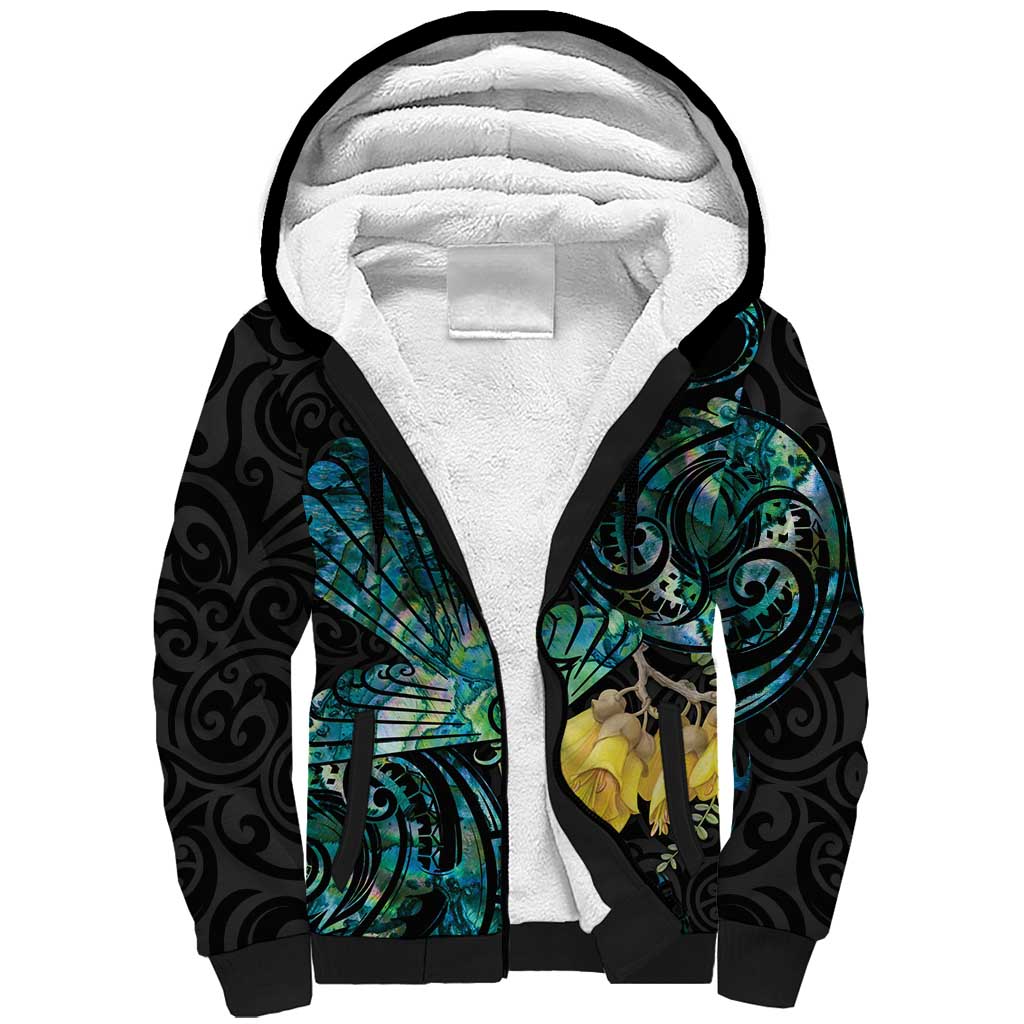 New Zealand Fantail Bird Sherpa Hoodie Maori Piwakawaka Kowhai - Paua Shell Pattern LT14 Unisex Green - Polynesian Pride