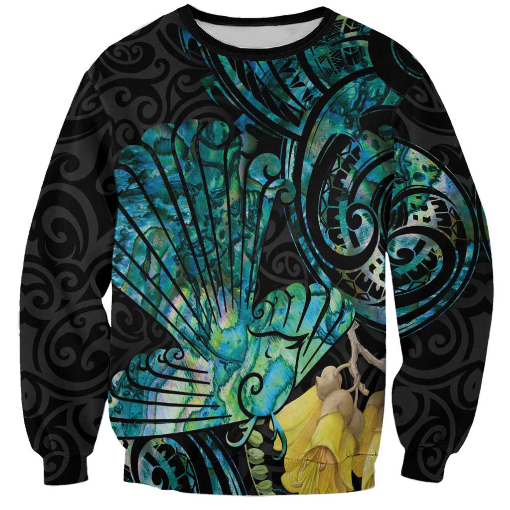 New Zealand Fantail Bird Sweatshirt Maori Piwakawaka Kowhai - Paua Shell Pattern