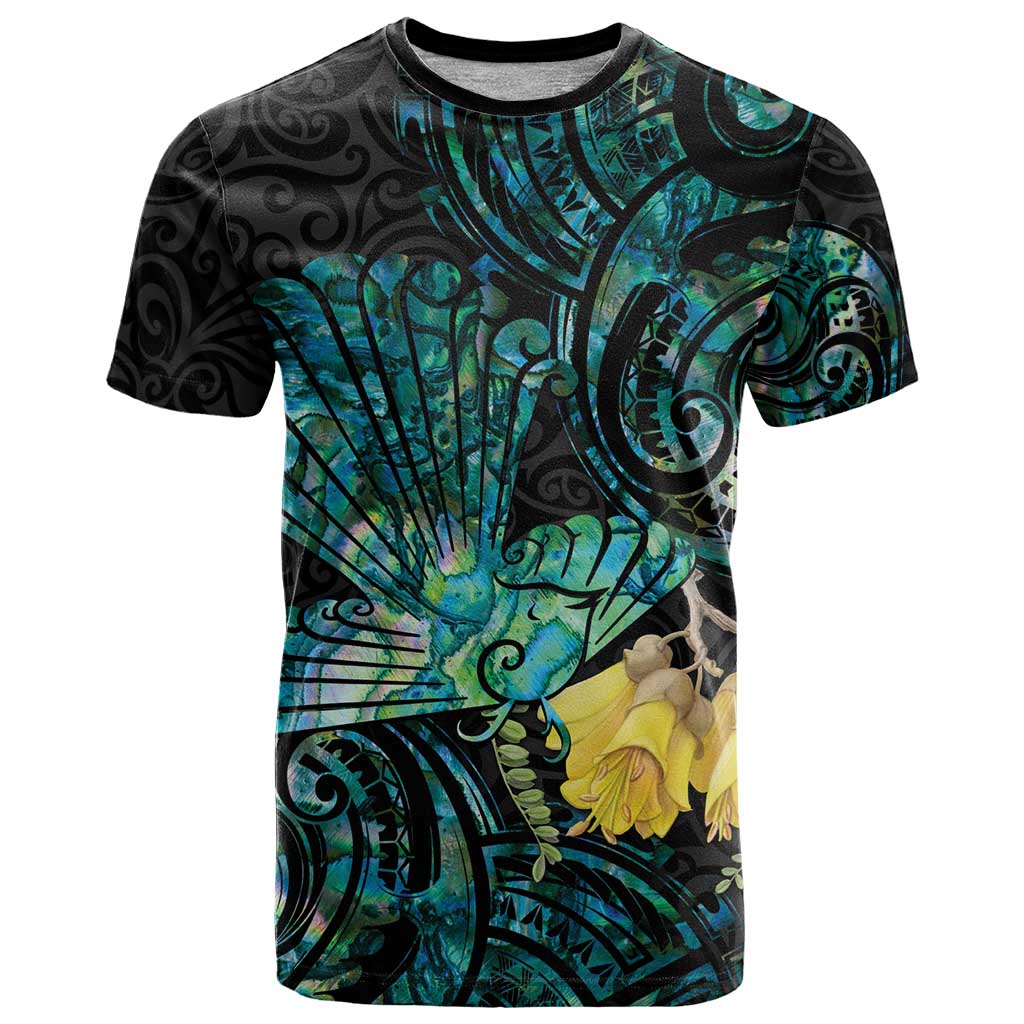 New Zealand Fantail Bird T Shirt Maori Piwakawaka Kowhai - Paua Shell Pattern LT14 Green - Polynesian Pride