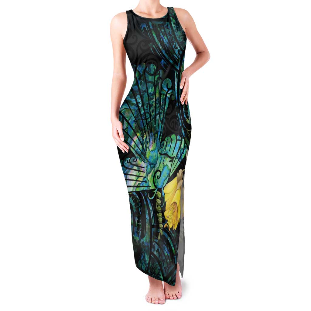 New Zealand Fantail Bird Tank Maxi Dress Maori Piwakawaka Kowhai - Paua Shell Pattern