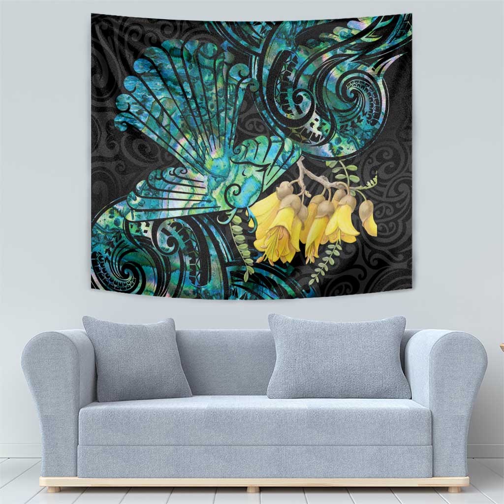 New Zealand Fantail Bird Tapestry Maori Piwakawaka Kowhai - Paua Shell Pattern