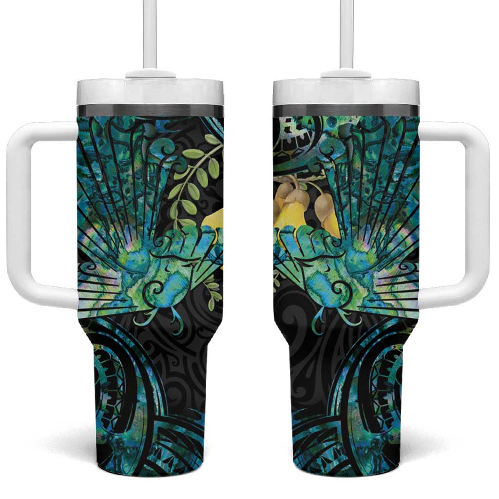 New Zealand Fantail Bird Tumbler With Handle Maori Piwakawaka Kowhai - Paua Shell Pattern LT14 One Size: 40 oz Green - Polynesian Pride
