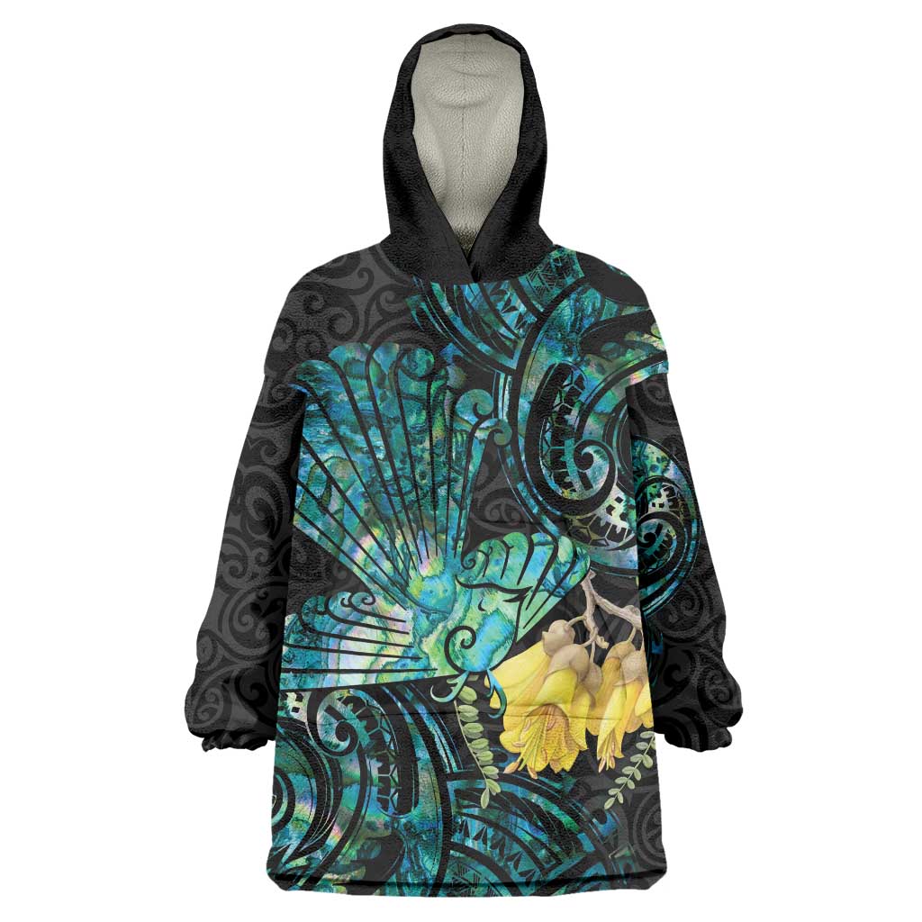 New Zealand Fantail Bird Wearable Blanket Hoodie Maori Piwakawaka Kowhai - Paua Shell Pattern