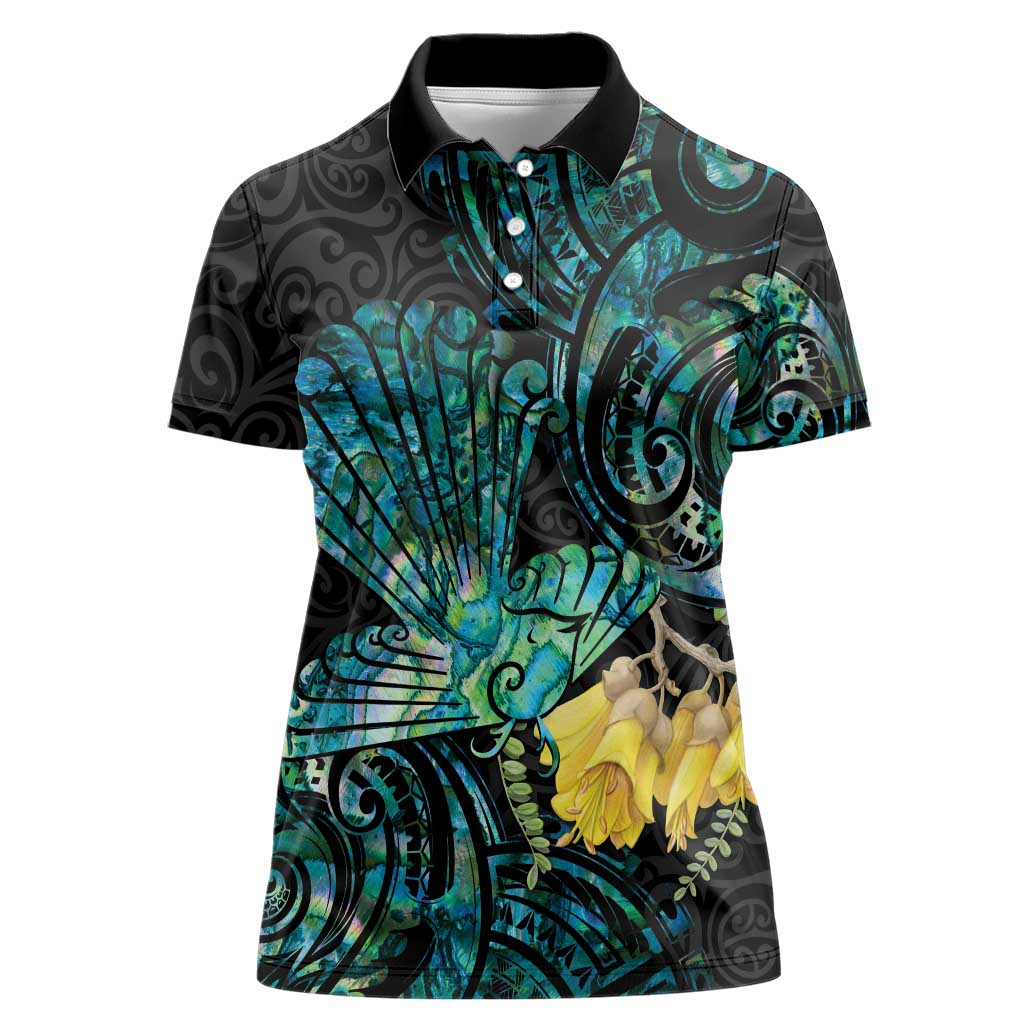 New Zealand Fantail Bird Women Polo Shirt Maori Piwakawaka Kowhai - Paua Shell Pattern