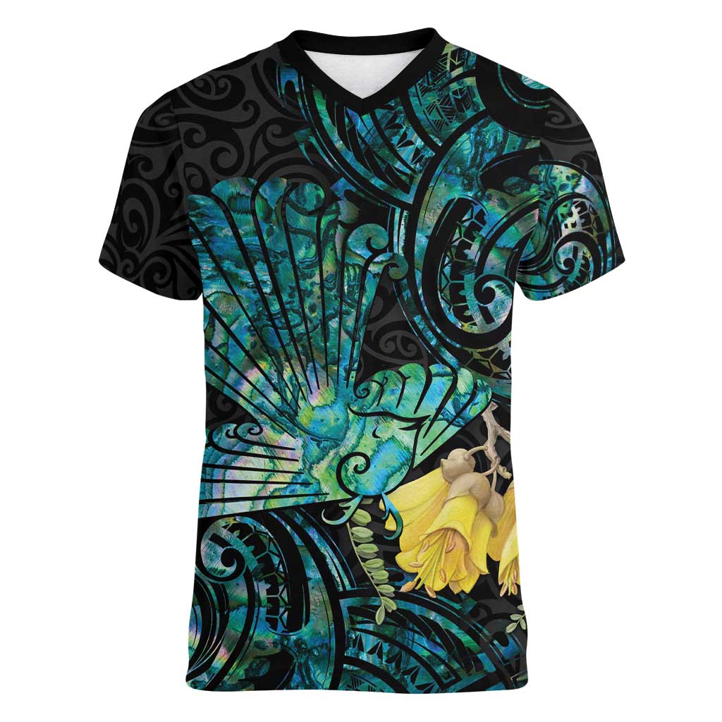 New Zealand Fantail Bird Women V-Neck T-Shirt Maori Piwakawaka Kowhai - Paua Shell Pattern