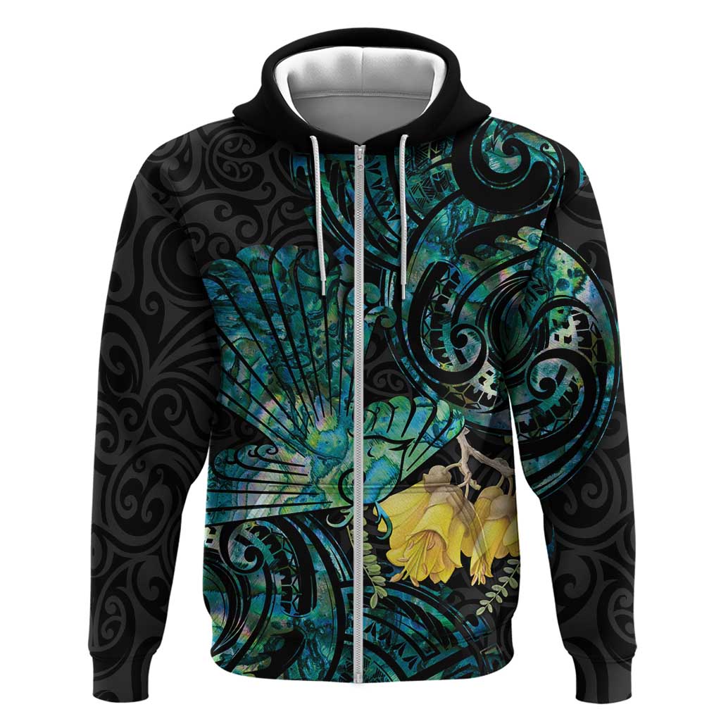 New Zealand Fantail Bird Zip Hoodie Maori Piwakawaka Kowhai - Paua Shell Pattern