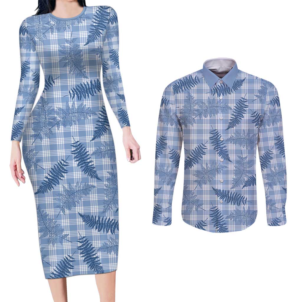 Blue Palaka Hawaii Palapalai Couples Matching Long Sleeve Bodycon Dress and Long Sleeve Button Shirt Hawaiian Fern - Polynesian Pride