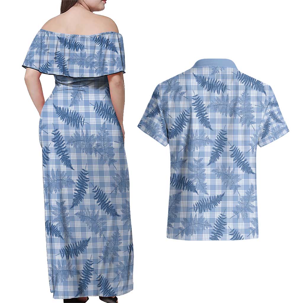 Blue Palaka Hawaii Palapalai Couples Matching Off Shoulder Maxi Dress and Hawaiian Shirt Hawaiian Fern - Polynesian Pride