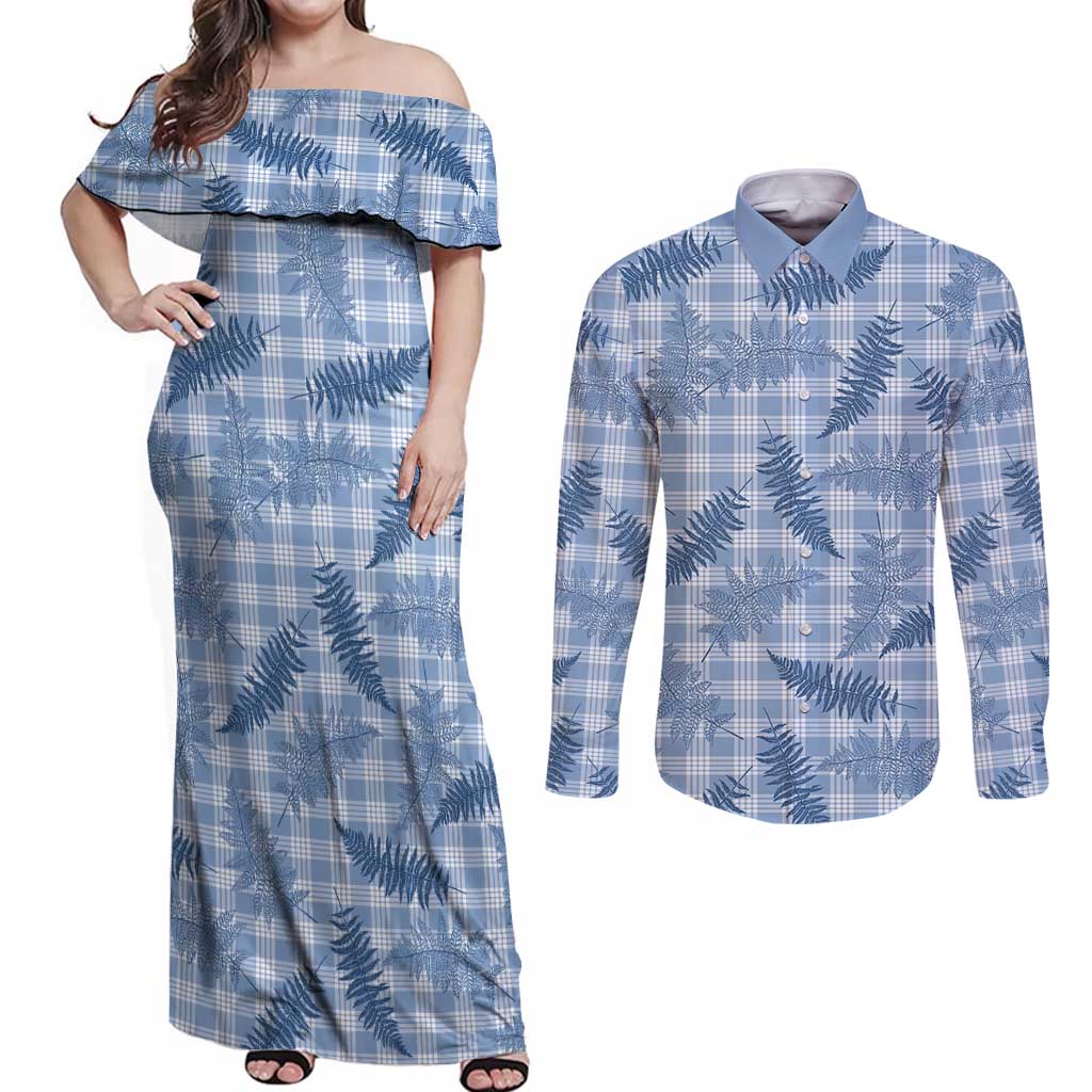 Blue Palaka Hawaii Palapalai Couples Matching Off Shoulder Maxi Dress and Long Sleeve Button Shirt Hawaiian Fern - Polynesian Pride