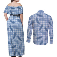 Blue Palaka Hawaii Palapalai Couples Matching Off Shoulder Maxi Dress and Long Sleeve Button Shirt Hawaiian Fern - Polynesian Pride