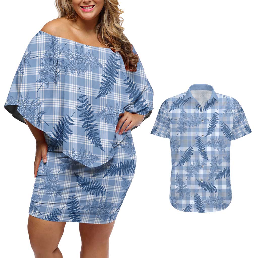 Blue Palaka Hawaii Palapalai Couples Matching Off Shoulder Short Dress and Hawaiian Shirt Hawaiian Fern - Polynesian Pride