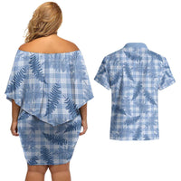 Blue Palaka Hawaii Palapalai Couples Matching Off Shoulder Short Dress and Hawaiian Shirt Hawaiian Fern - Polynesian Pride