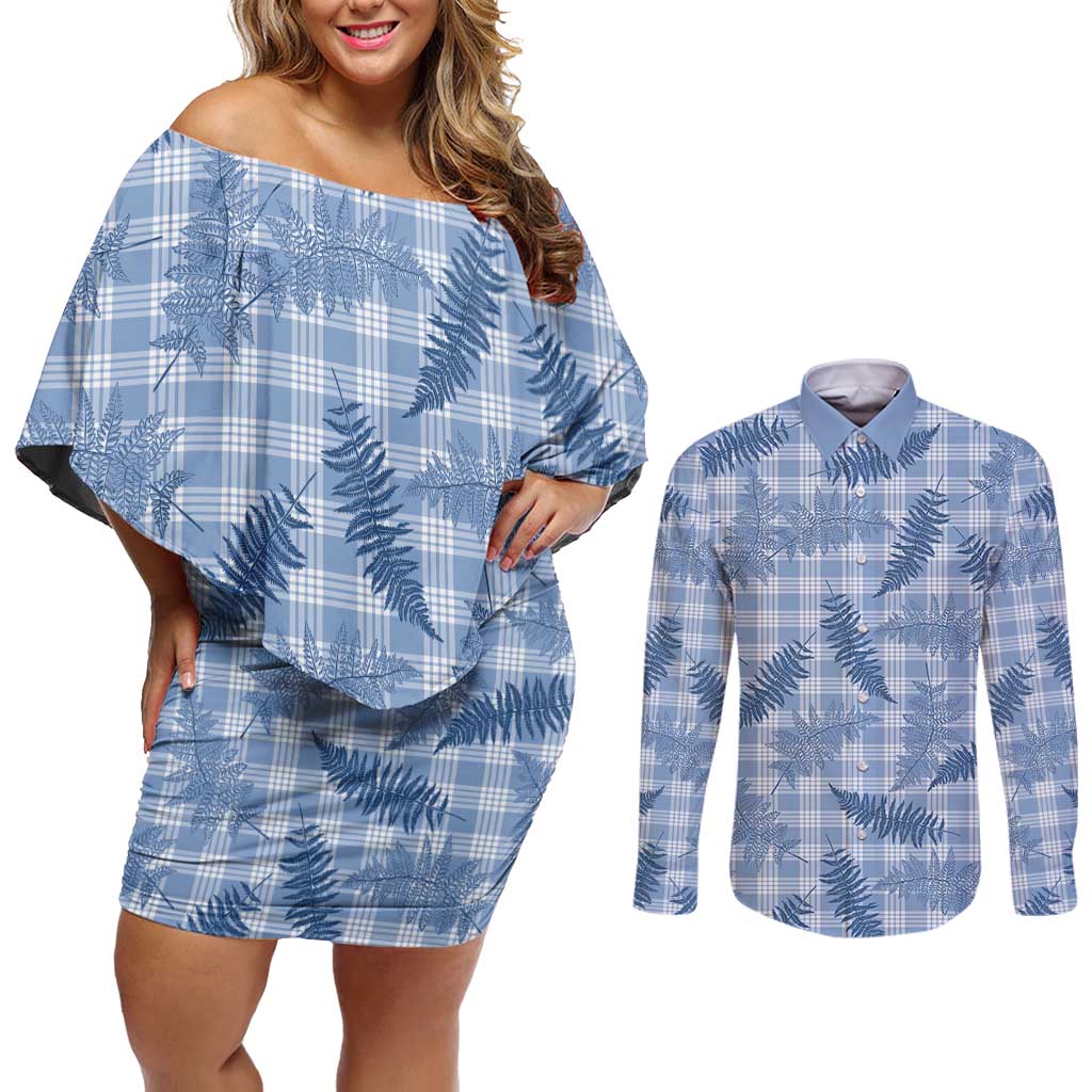 Blue Palaka Hawaii Palapalai Couples Matching Off Shoulder Short Dress and Long Sleeve Button Shirt Hawaiian Fern - Polynesian Pride