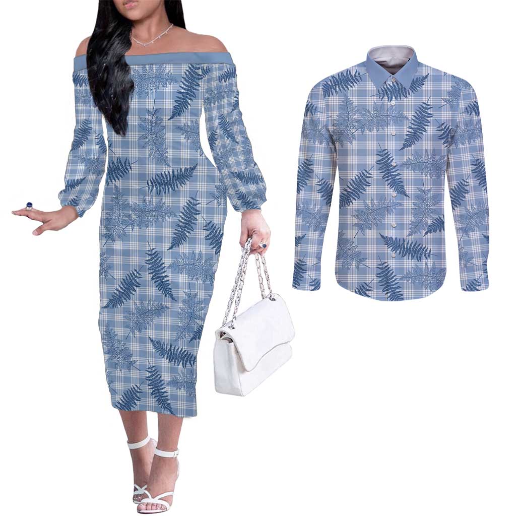 Blue Palaka Hawaii Palapalai Couples Matching Off The Shoulder Long Sleeve Dress and Long Sleeve Button Shirt Hawaiian Fern - Polynesian Pride