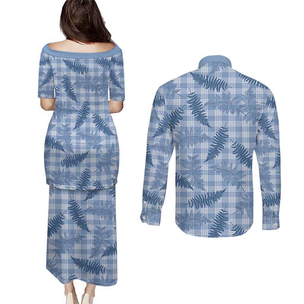 Blue Palaka Hawaii Palapalai Couples Matching Puletasi and Long Sleeve Button Shirt Hawaiian Fern LT14 - Polynesian Pride